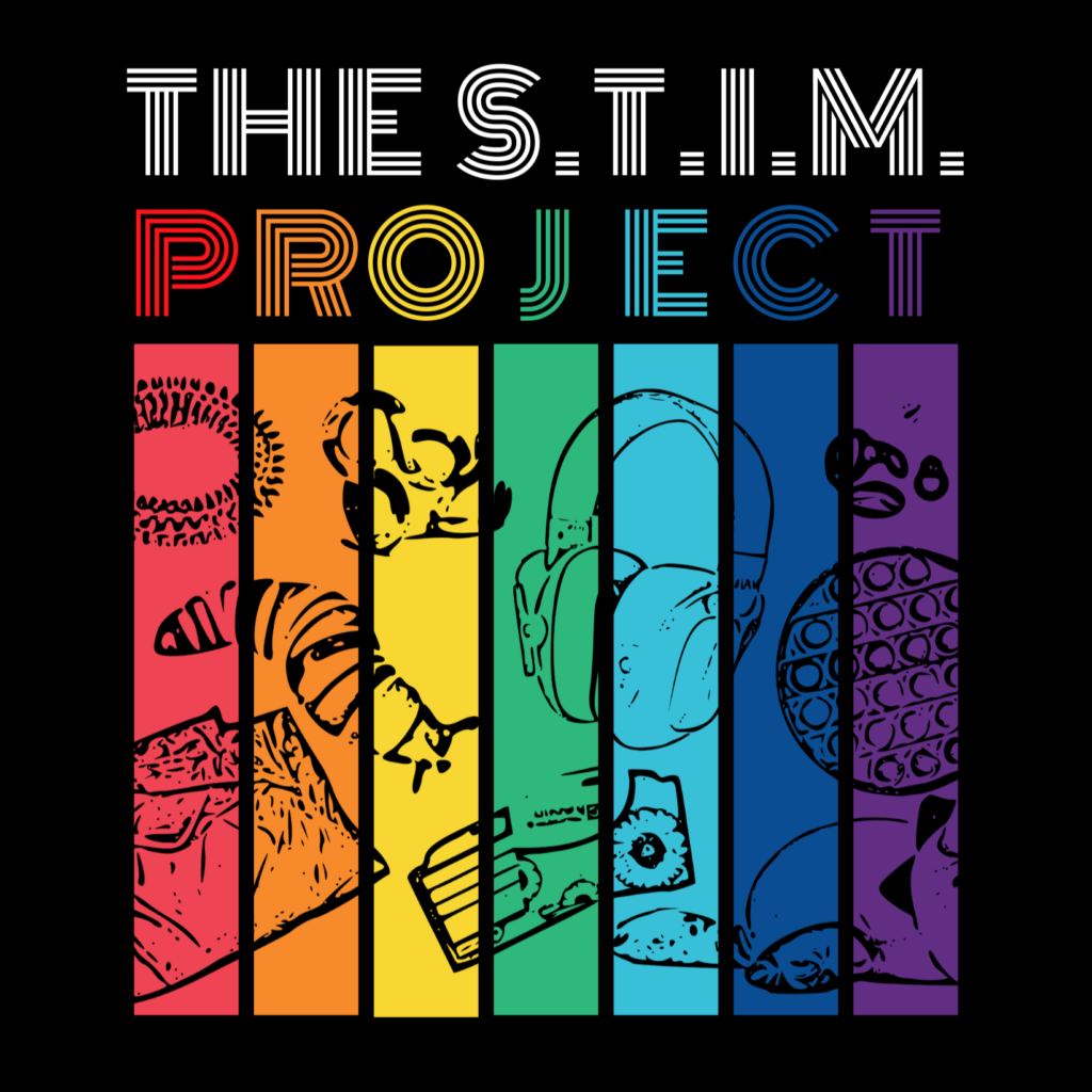Black background with "The S.T.I.M. Project" written across the top of seven rainbow colored columns interspersed with outlines of tools included in S.T.I.M. packs